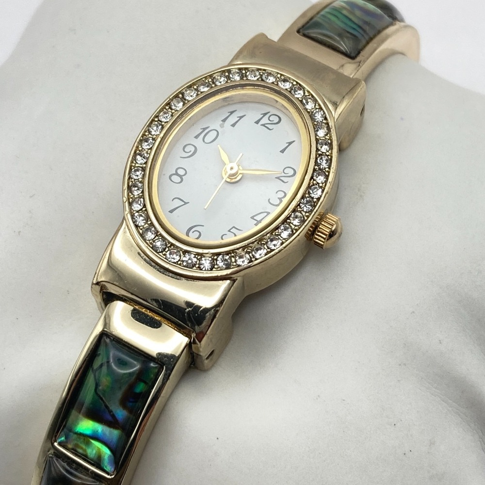 Geneva Women's Watch 20mm Abalone Inlay Gold Tone Crystals Cuff New Battery 6.5"